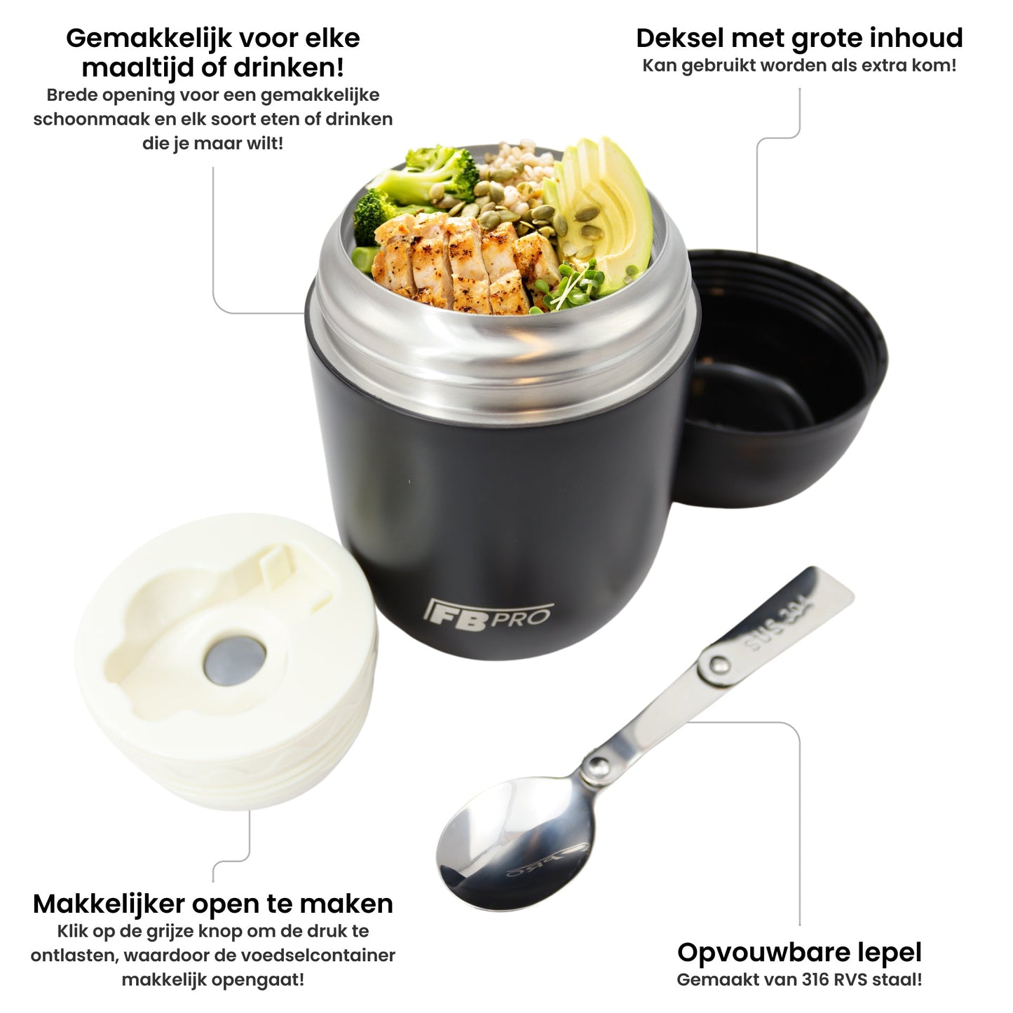 Thermos container met lepel - Thermoskan - Zwart - 420ml