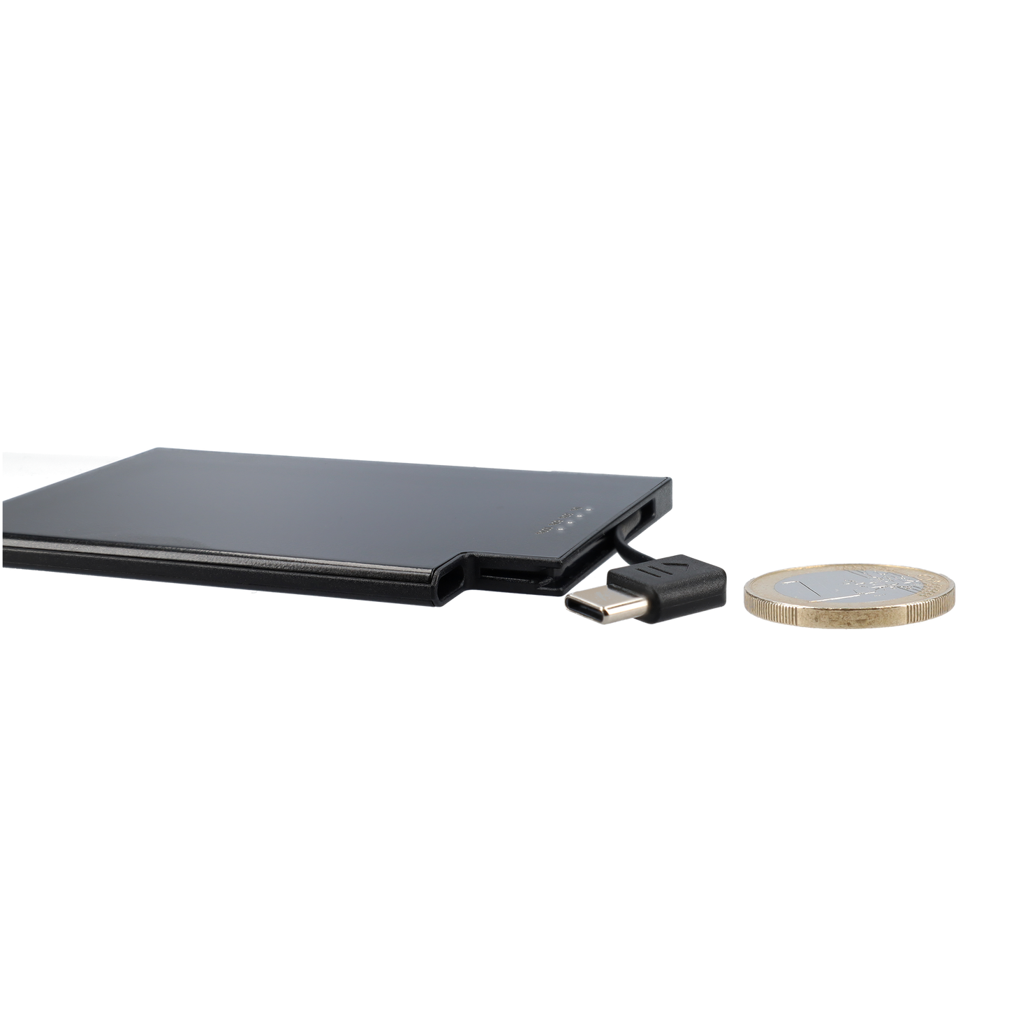 Powerbank zeer plat 5mm dik - 2650 mAh - USB ingang - USB-C - Met ingebouwde kabel! - Zwart