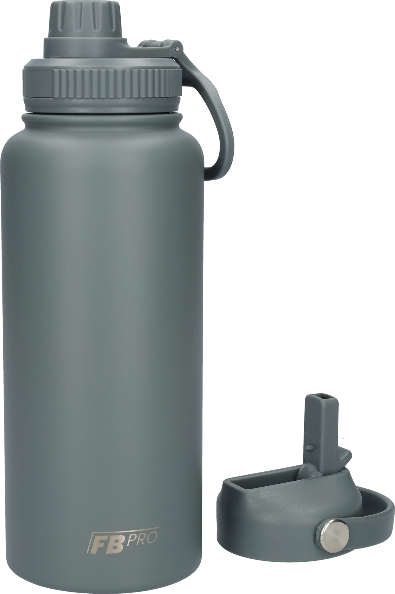 Thermos drinkfles 1 liter met extra dop - Isolerende Waterfles met draaibare drinktuit - Afgewerkt met Poedercoating - Grijs