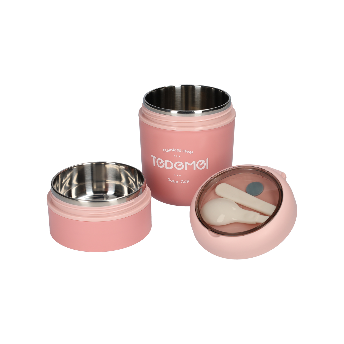 2 Laags Voedselcontainer - Thermos Voedsel Container - met Opvouwbare Lepel - Roze