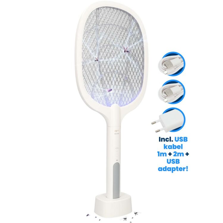 FB947 - Elektrische Vliegenmepper - Vliegenvanger - Vliegenlamp - Insectenlamp - Muggenlamp - Fruitvliegjes vanger - Vangt ook muggen & meer - UV lamp als muggenvanger - Oplaadbaar - USB kabel van 1m + 2m + oplaadblok voor USB