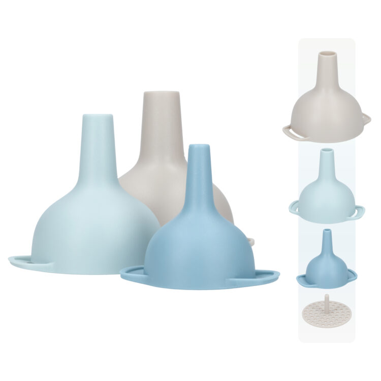 Trechter set - Keukengerei - Voor in de keuken - 3-in-1 Trechters - Met fruitpulp filter! - Verschillende maten - Compact formaat - Grijs/Cyaan/Blauw