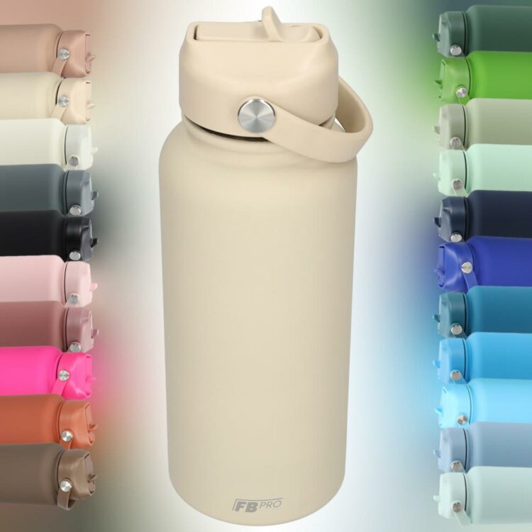 Thermos waterfles 1 liter - Isolerende Waterfles met Draaibare Drinktuit - Houdt Koud Drinken Écht KOUD - Drinkfles voor Volwassenen met Handvat - Beige