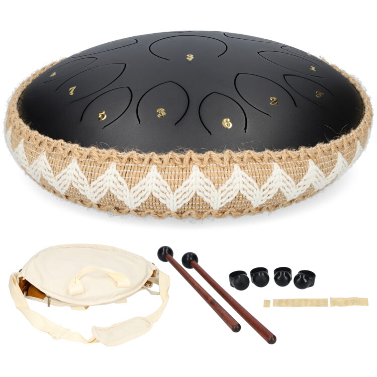 Handpan 14 inch - handpan drum - Muziek instrument - Groot formaat - Met draagtas - Rugzak - Met drumsticks - Met geborduurd design - Ideaal voor reizen - Zwart