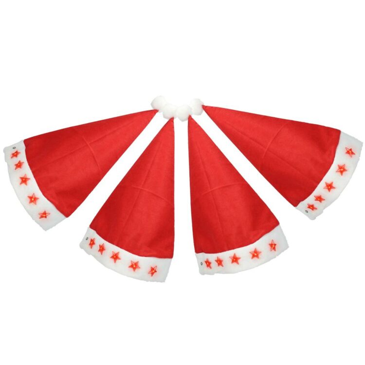 Kerstmuts (41cm lang) voor volwassenen met sterren - Kerst muts met lampjes! - Ideaal voor kerst - 4 stuks - Rood