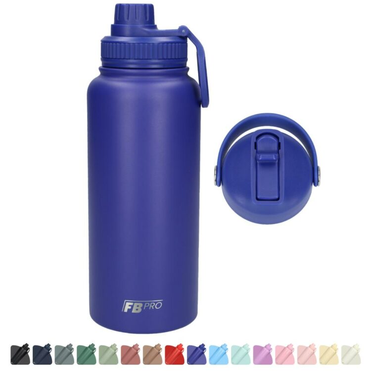 Thermos drinkfles 1 liter met extra dop - Isolerende Waterfles met draaibare drinktuit - Voor zowel warme als koude dranken! - Drinkfles 1L voor volwassenen met handvat - Afgewerkt met Poedercoating - Blauw