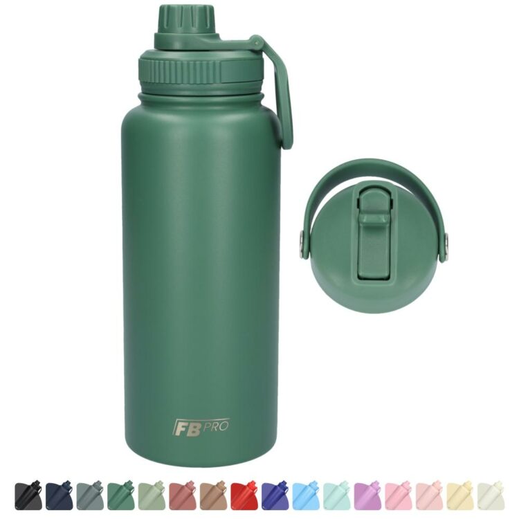 Thermos drinkfles 1 liter met extra dop - Isolerende Waterfles met draaibare drinktuit - Voor zowel warme als koude dranken! - Drinkfles 1L voor volwassenen met handvat - Afgewerkt met Poedercoating - Donkergroen