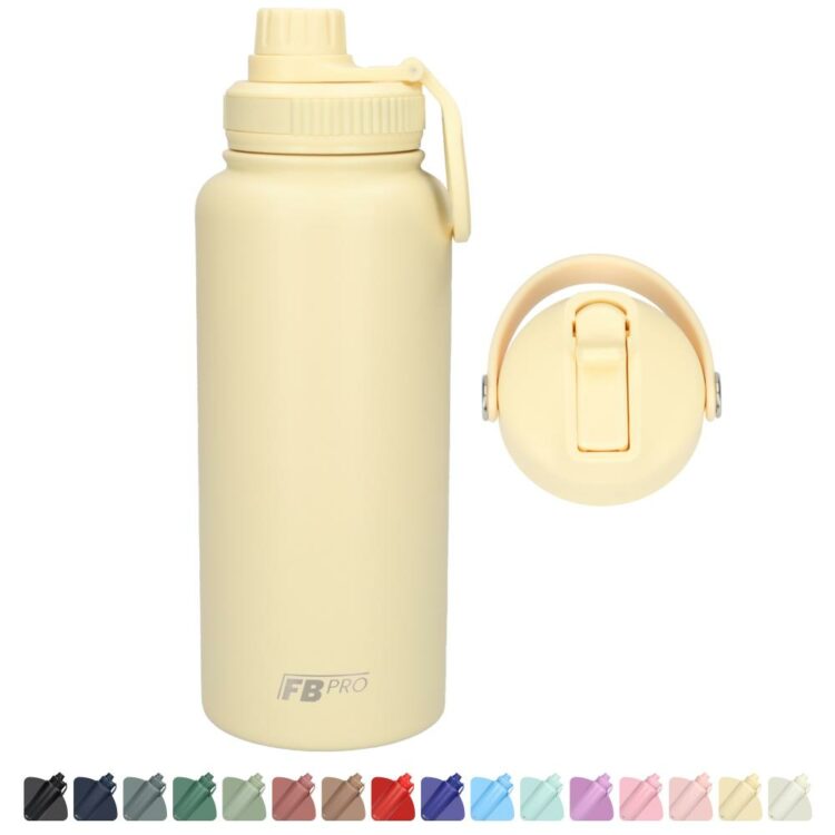 Thermos drinkfles 1 liter met extra dop - Isolerende Waterfles met draaibare drinktuit - Voor zowel warme als koude dranken! - Drinkfles 1L voor volwassenen met handvat - Afgewerkt met Poedercoating - Beige