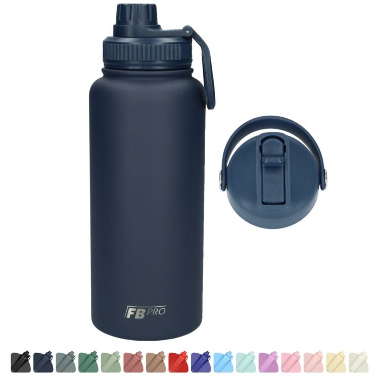 Thermos drinkfles 1 liter met extra dop - Isolerende Waterfles met draaibare drinktuit - Voor zowel warme als koude dranken! - Drinkfles 1L voor volwassenen met handvat - Afgewerkt met Poedercoating - Donkerblauw