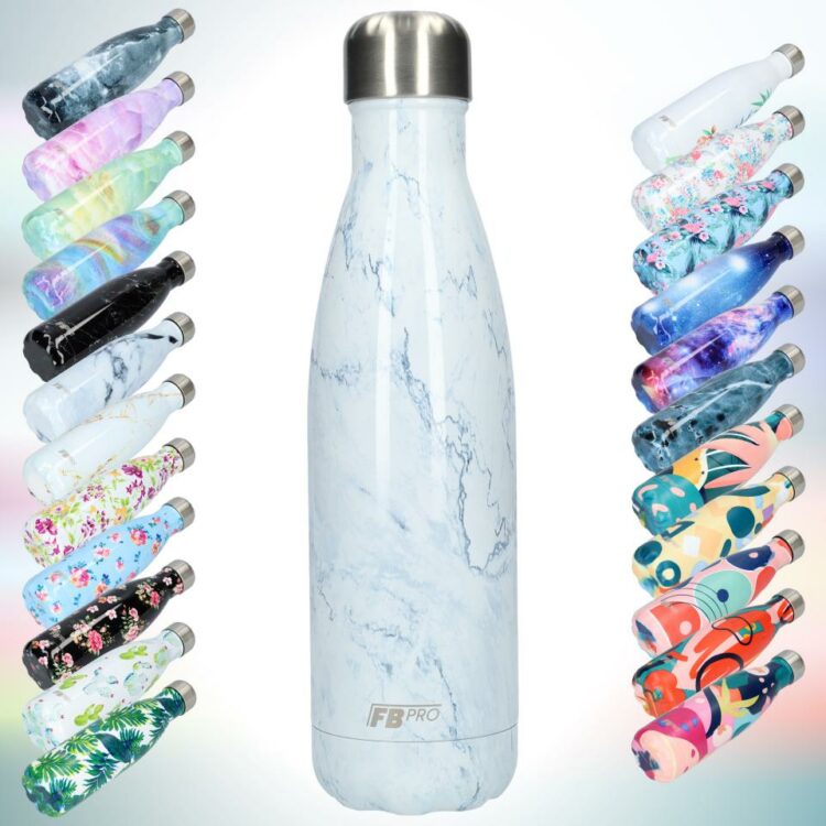FBFS31, Thermosfles, Drinkfles, Waterfles - Modern & Slank Design - Thermos Fles voor de Warme en Koude Dagen - Dubbelwandig - Robuuste Thermoskan - 500ml - Light Blue Marble - Licht Blauw Marmer