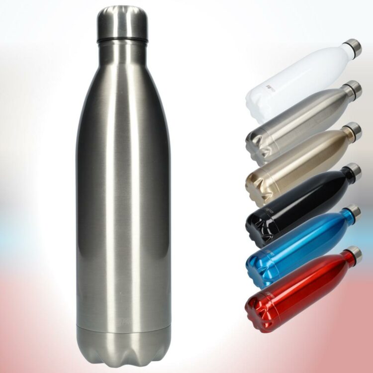 FBFS154, Thermosfles, Drinkfles, Waterfles - 1 liter - Thermos fles voor de warme en koude dagen - Dubbelwandig - Thermosbeker Koffie, thee en Koele dranken - Water fles voor onderweg - Silver - Zilver