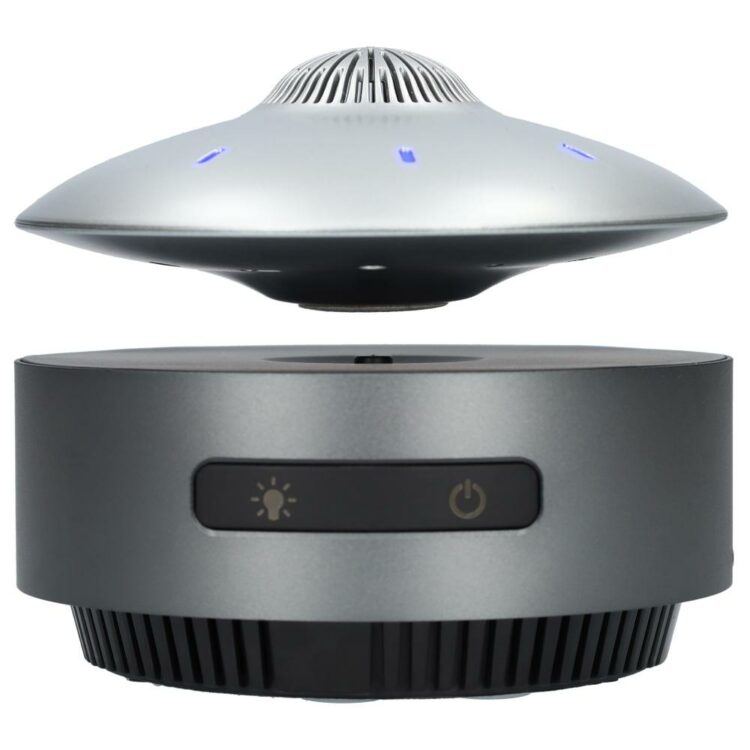UFO BlueTooth speaker die écht zweeft door magneten! - Draadloos - Muziek box speelgoed met ingebouwde lampen - Vliegende schotel is USB-C Oplaadbaar - 14cm Diameter - Zilver en Donkergrijs