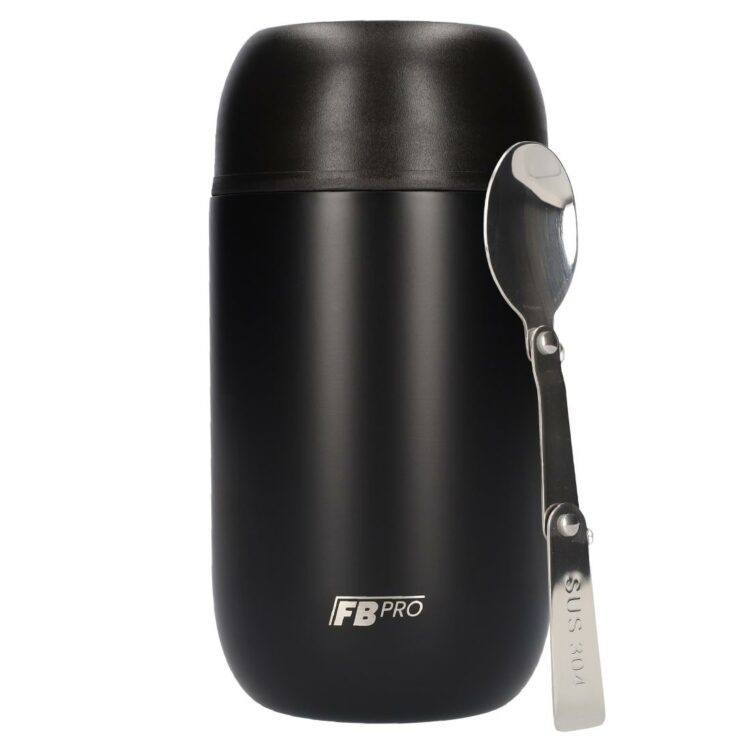 Thermoskan zwart met Lepel - Thermoskan - Voedsel container voor noodles, soep, havermout, ijs, babyvoeding en meer! - Yoghurt beker to go - Thermosbeker voor het meenemen van eten - Zwart - 710ml