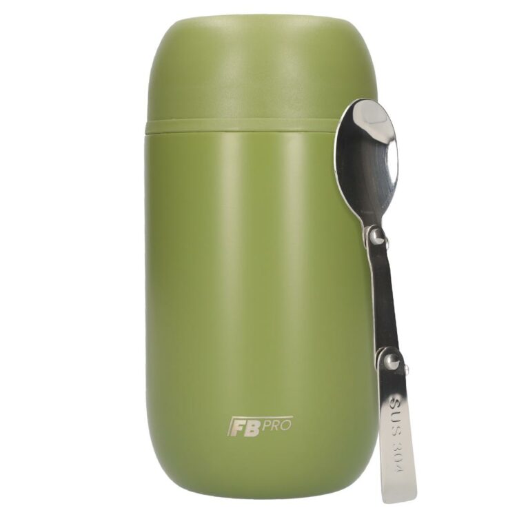 Thermoskan legergroen met Lepel - Thermoskan - Voedsel container voor noodles, soep, havermout, ijs, babyvoeding en meer! - Yoghurt beker to go - Thermosbeker voor het meenemen van eten - Leger Groen - 710ml
